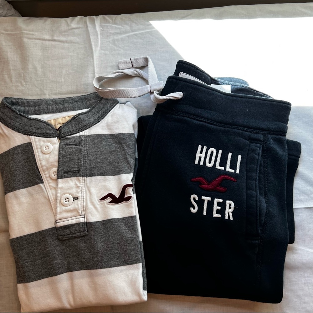 Hollister Gray and White Henley with navy Joggers